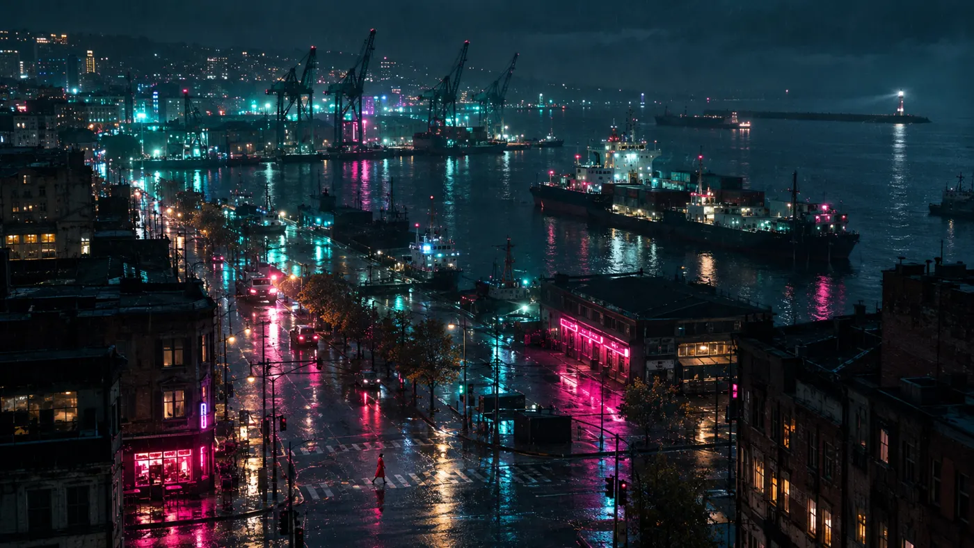 Fotograma clave del primer plano: la ciudad portuaria bajo la lluvia.