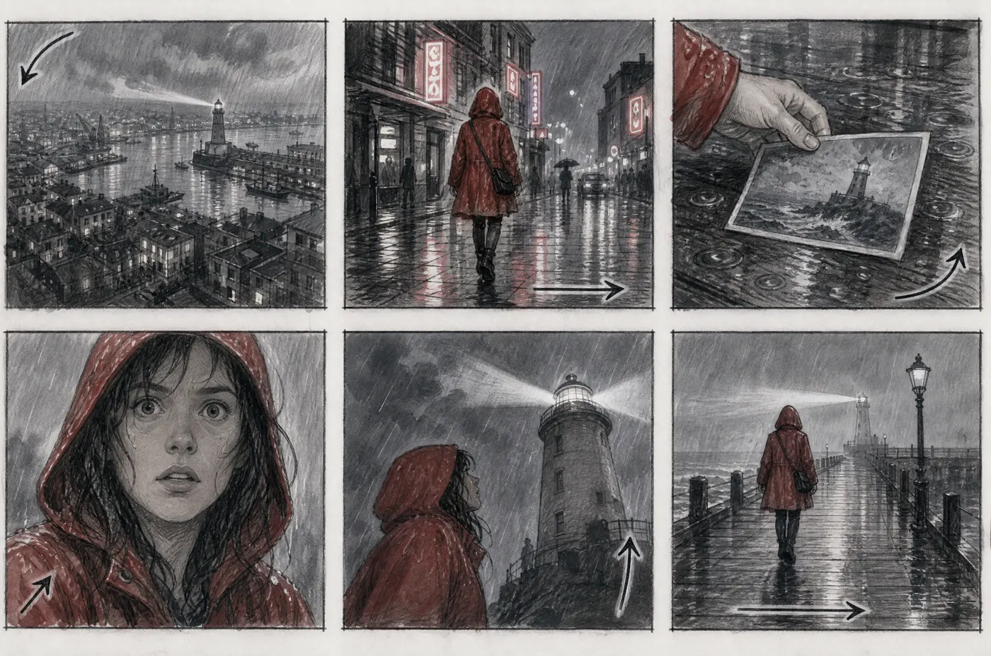 El storyboard de los seis planos.