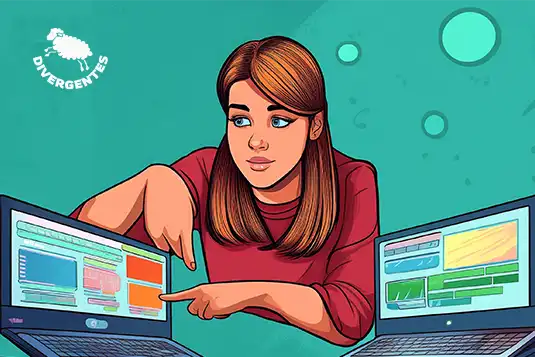 En estilo cómic, una mujer señalando a una de las dos webs, la más creativa